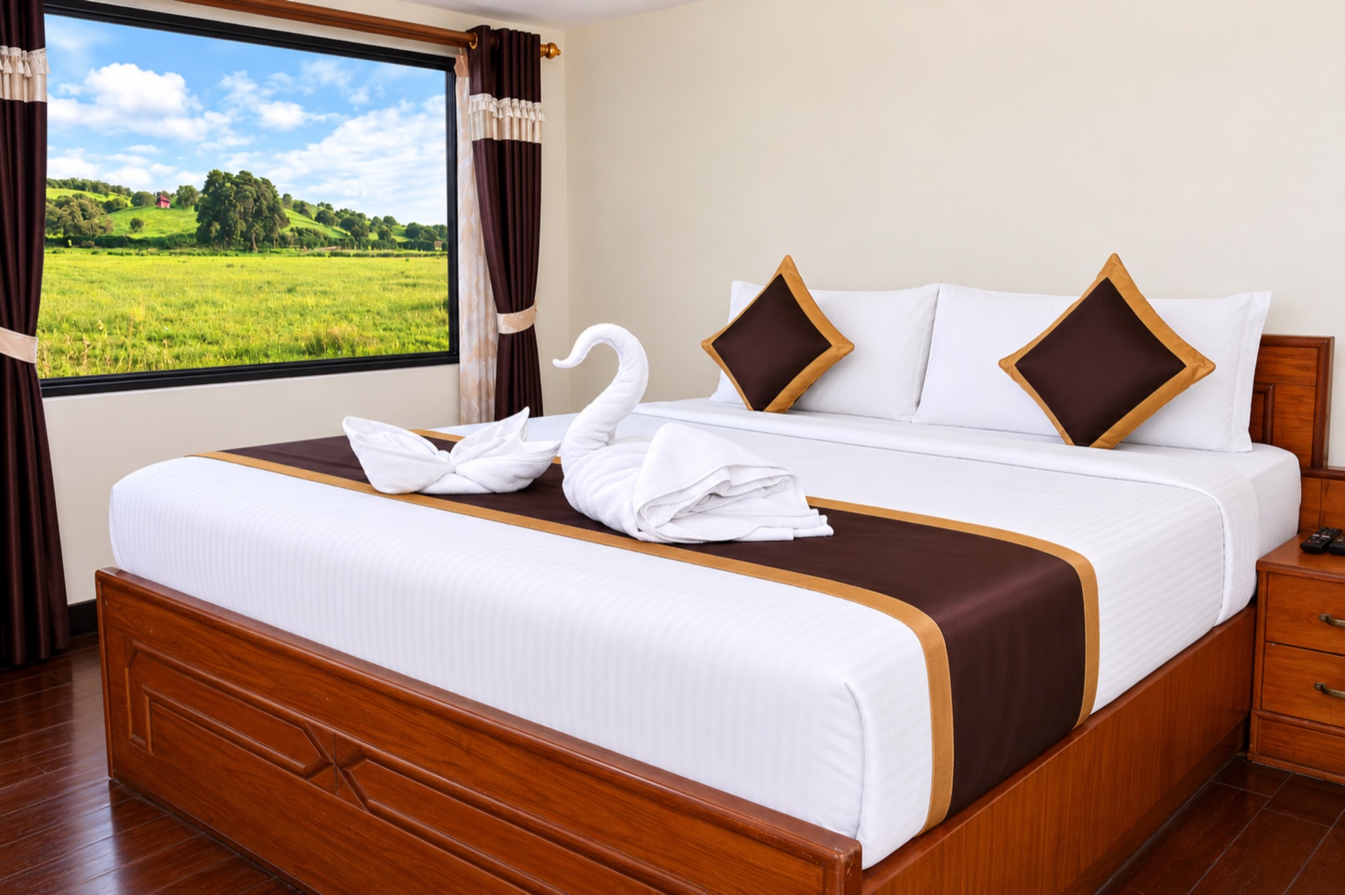Royal Suite master bed side angle featuring large picture window